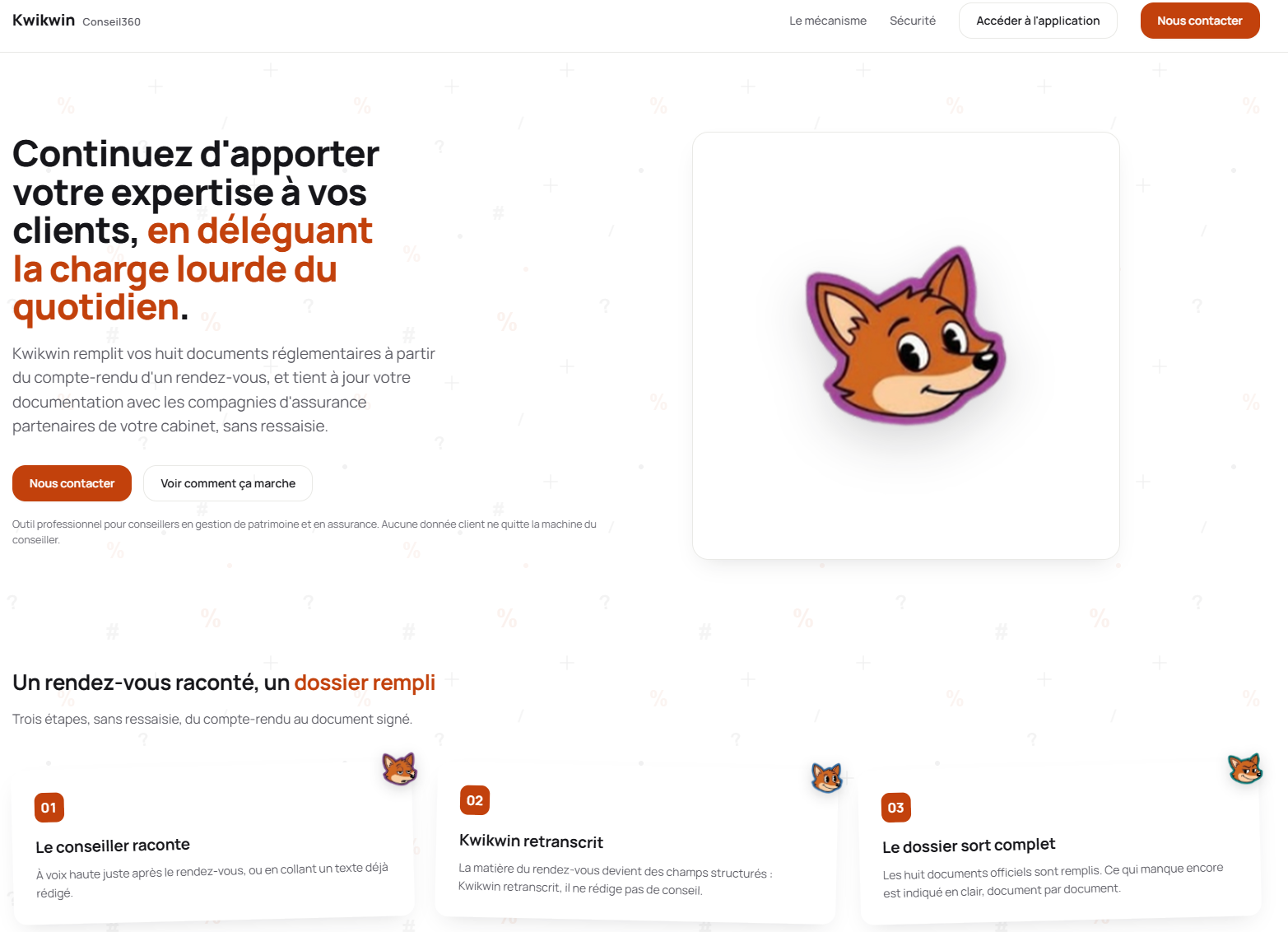 Interface de Kwikwin, montrant l’écran d’accueil de l’application avec le mascotte renard.