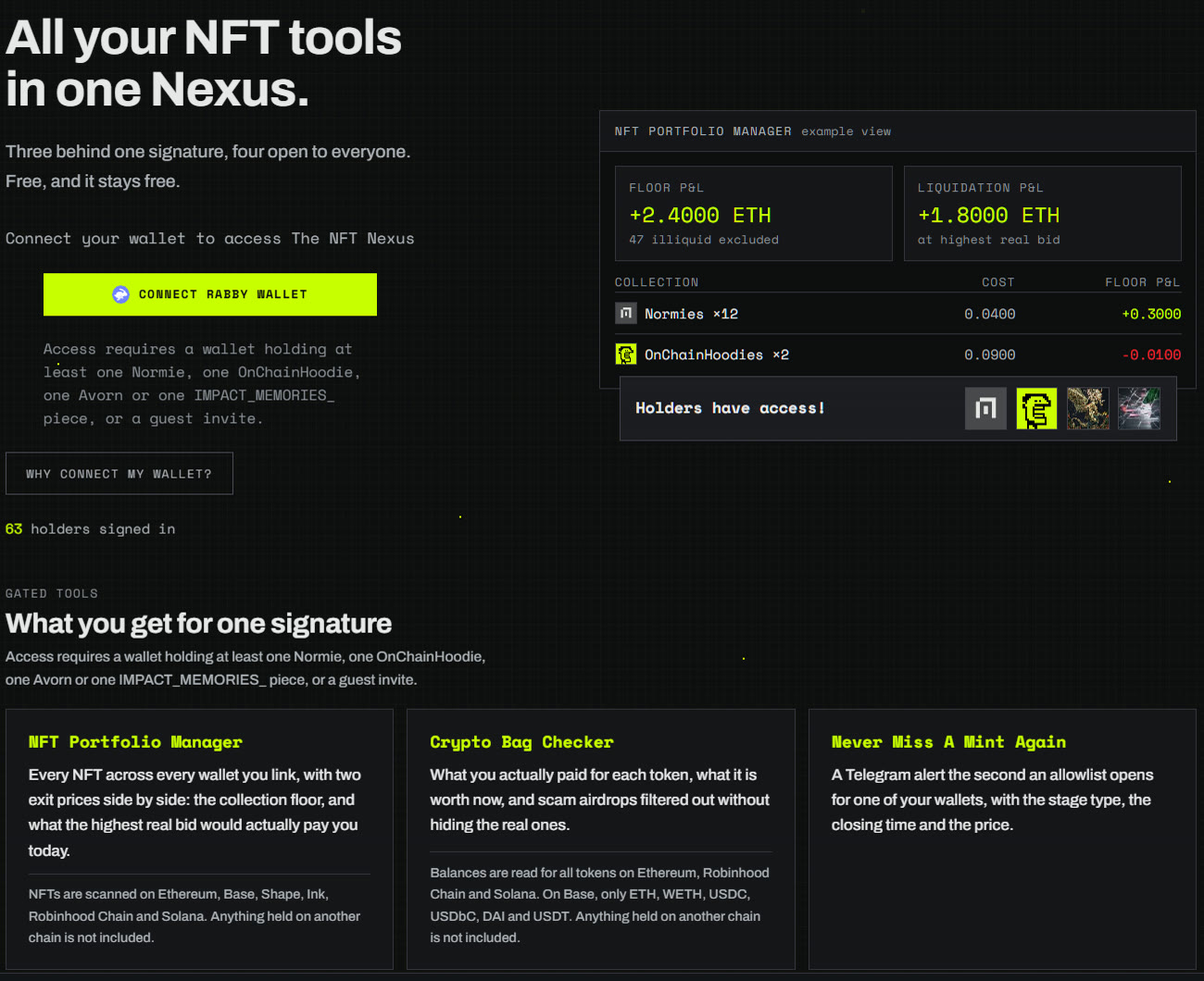 Page d’accueil de NFT Nexus, présentant quatre outils accessibles par une seule connexion.
