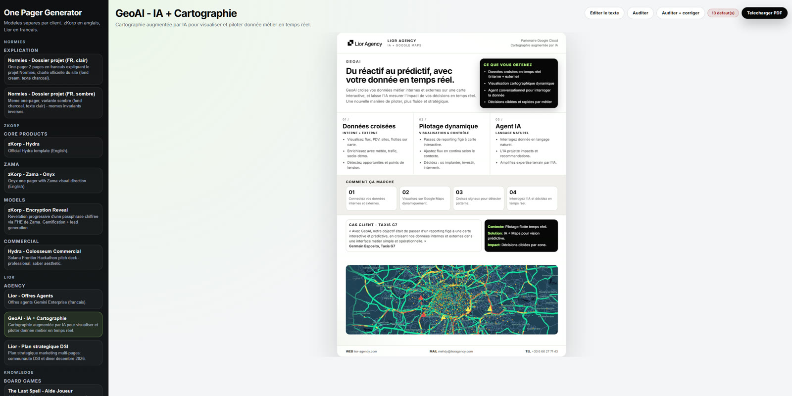 Interface du générateur de one-pagers, affichant un support commercial produit pour Lior Agency.