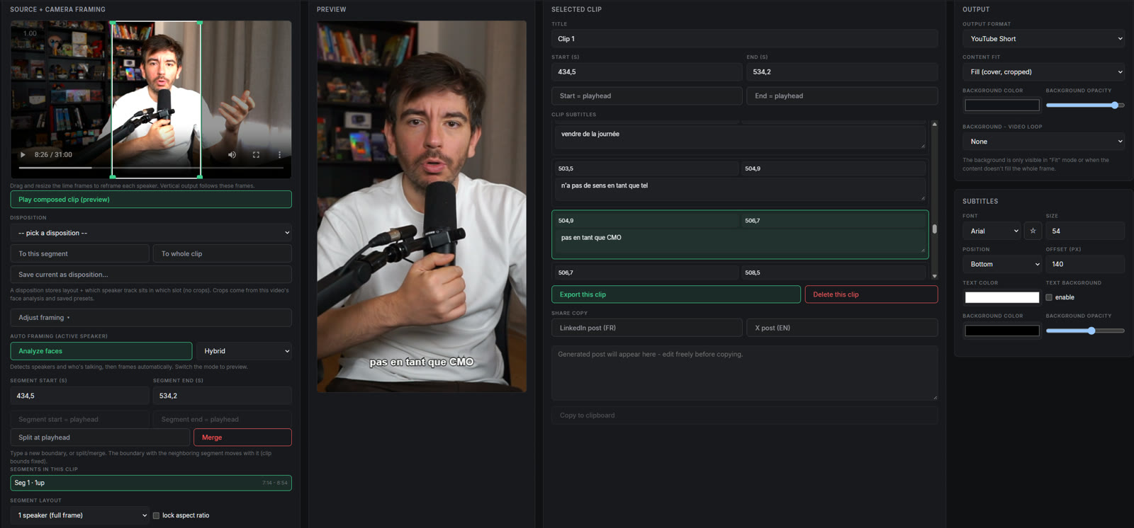 Interface de ShortIT, avec la sélection du passage, le sous-titrage et l’export vers un format court.